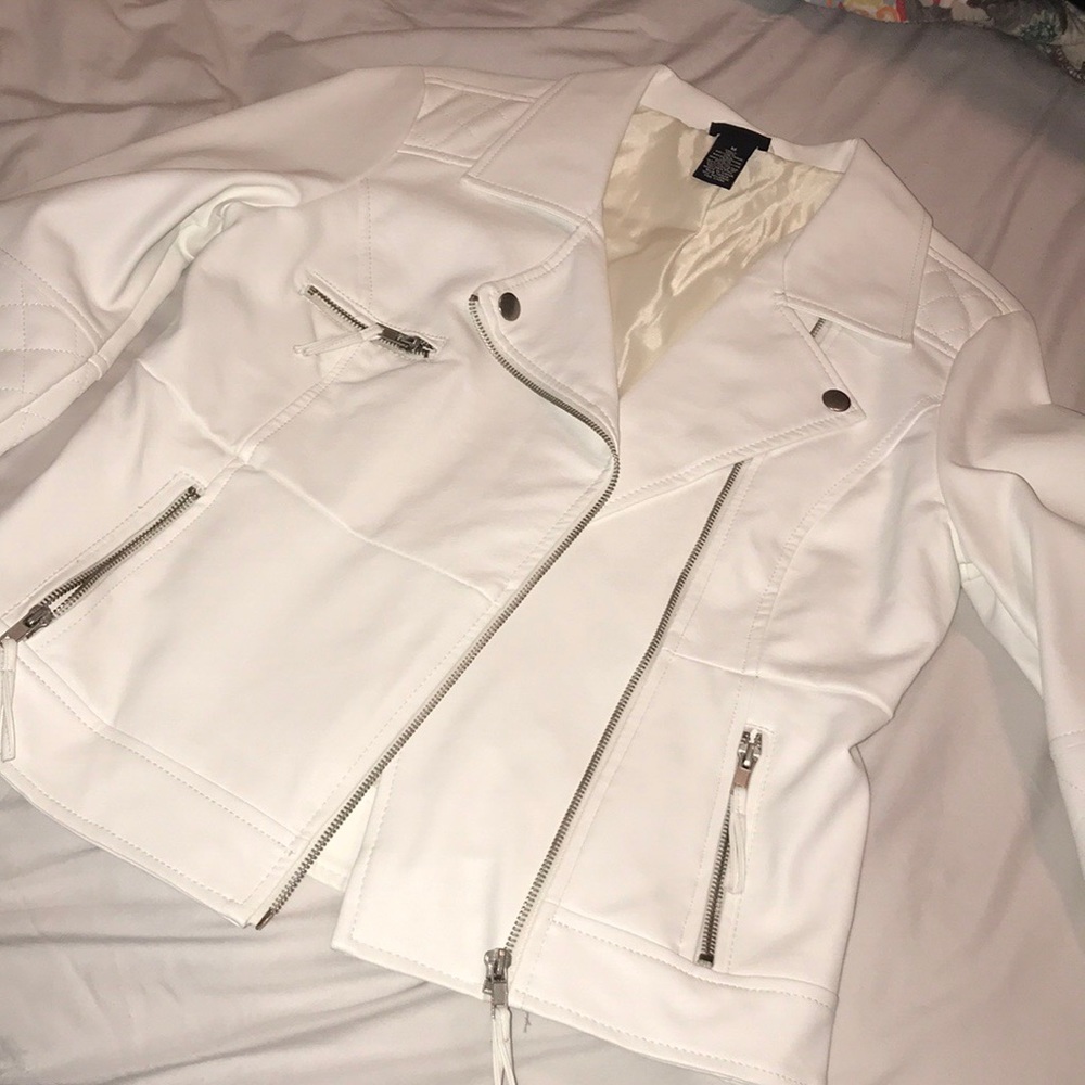 Cream White Moto Jacket Faux Leather